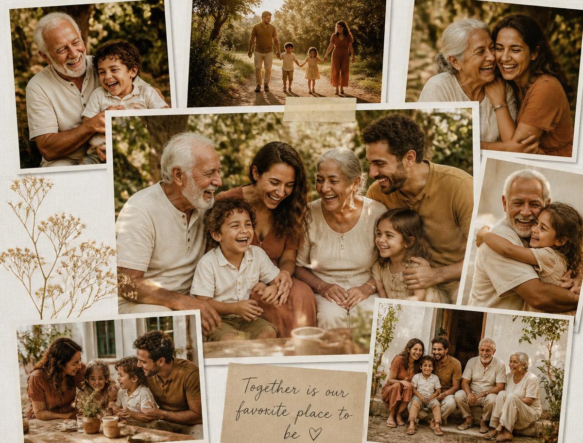 A family gathered around a table, looking through old photographs together